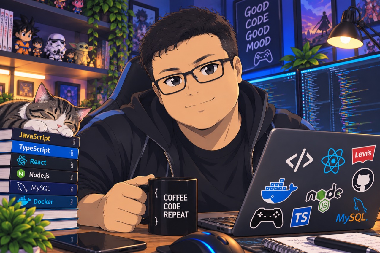 Ilustración anime de Reynaldo en su escritorio, tomando café junto a su gato y sus herramientas de programación